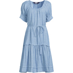Women's Plus Size Puff Sleeve Pleated Linen Knee Length Dress