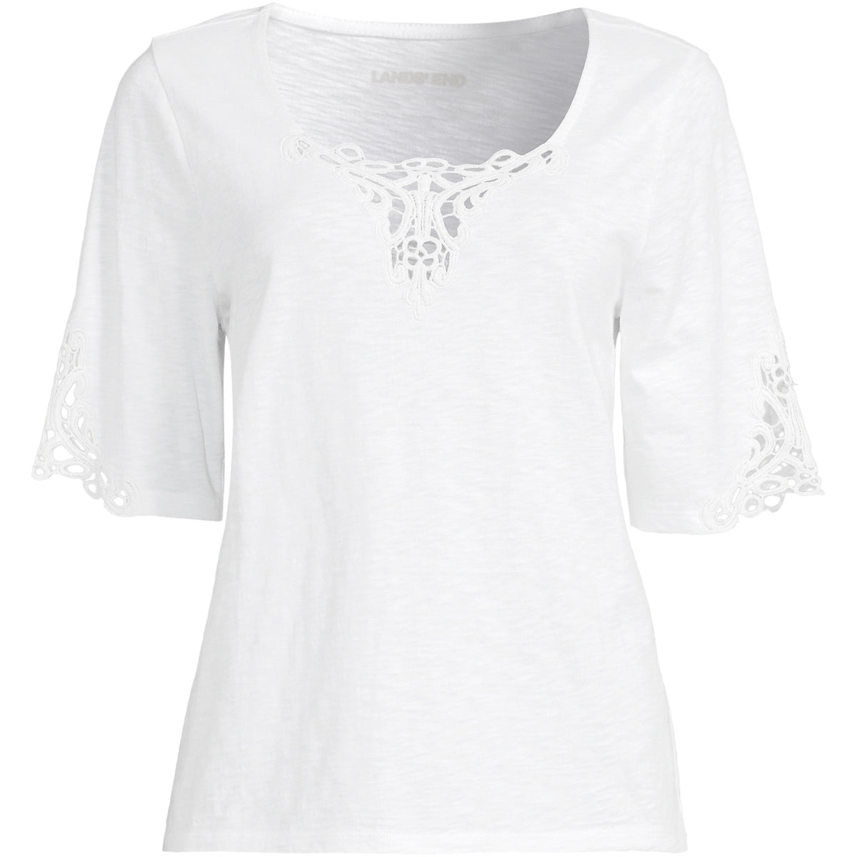 Women's Plus Size Elbow Sleeve Slub Lace Trim T-Shirt
