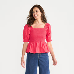 Women's Poplin Elbow Sleeve Smocked Top