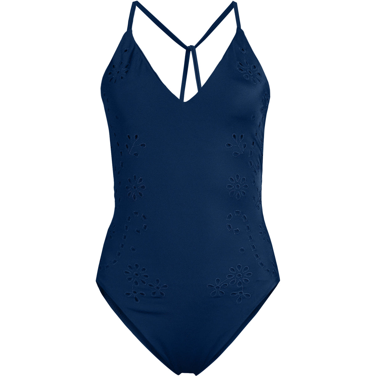 Women's Laser Cut Embroidered Plunge Tie Back Ultra High Leg One Piece Swimsuit