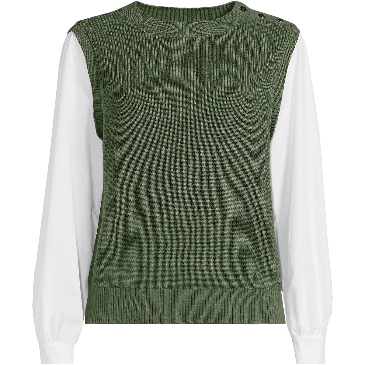 Women's Drifter Shaker Button Shoulder Sweater Vest with Poplin Sleeves