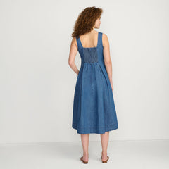 Women's Petite Pleated Square Neck Light Weight Denim Midi Dress