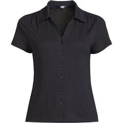 Women's Linen Blend Short Sleeve Button Front Polo Top