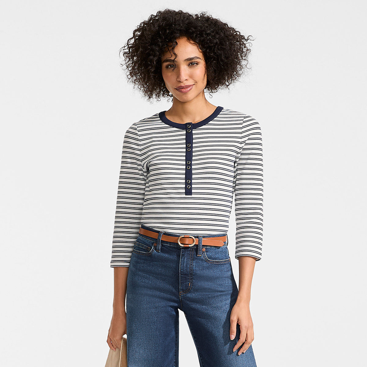Women's 3/4 Sleeve Polished Rib Henley Top
