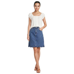 Women's Soft Denim 5 Pocket Above the Knee Skirt with Embroidered Hem