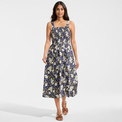 Women's Poplin Smocked Bodice Midi Dress