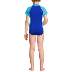 Girls Chlorine Resistant Short Sleeve One Piece Half Zip Swimsuit