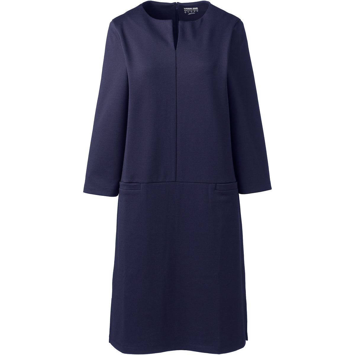Womens Petite Ponte 3/4 Sleeve Split Neck Shift Dress