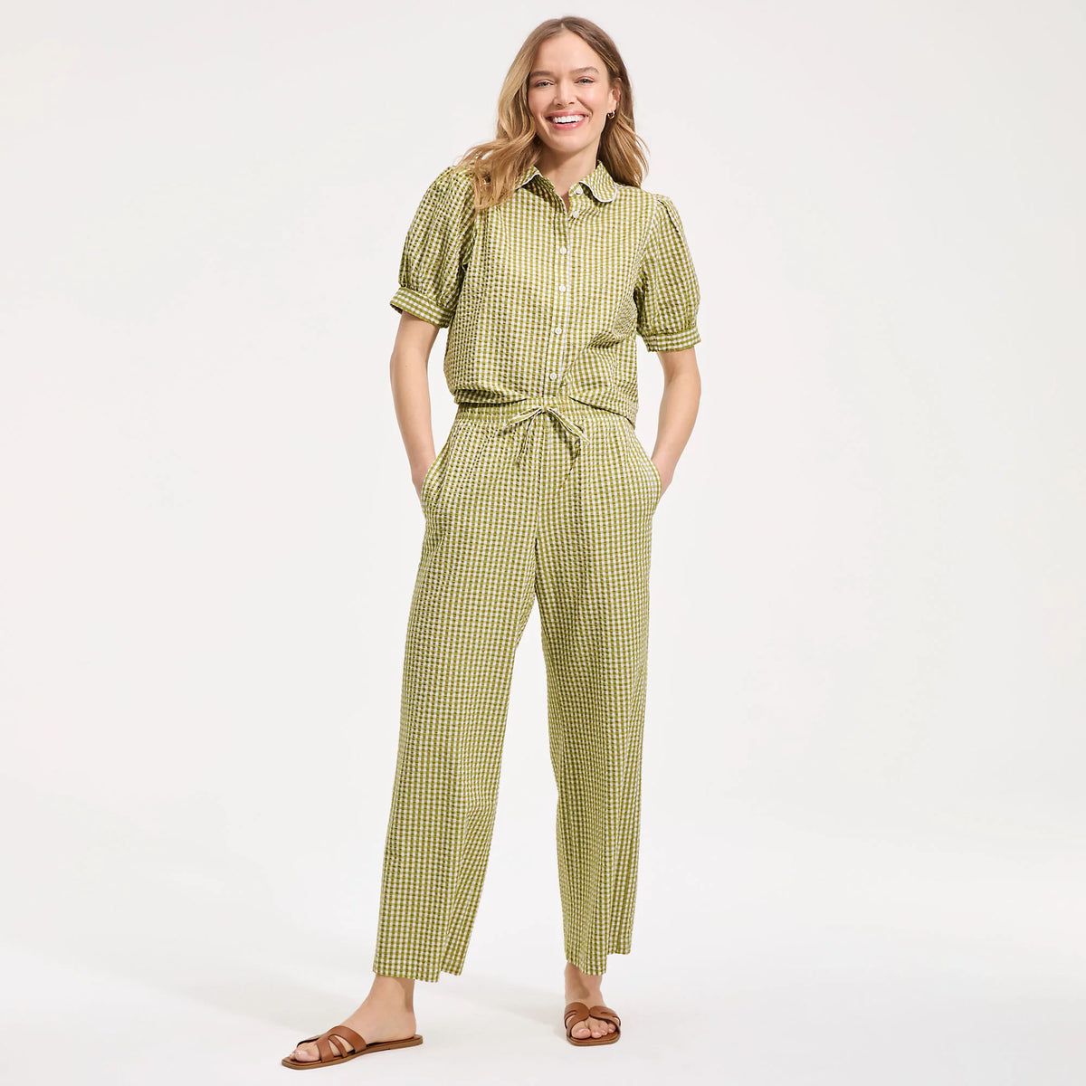 Women's Seersucker High Rise Drawstring Wide Leg Pants