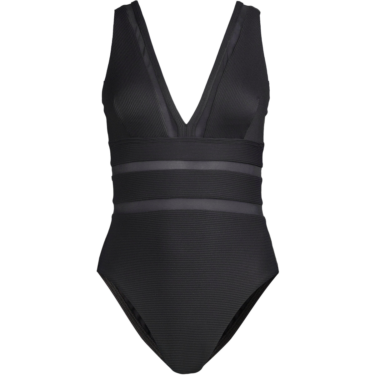 Women's Long Mesh Ribbed Plunge High Leg One Piece Swimsuit