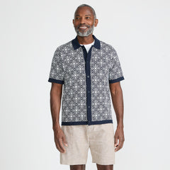 Men's Short Sleeve Tile Jacquard Button Down Sweater Polo