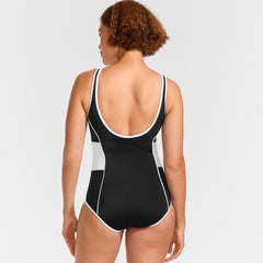Women's Long Torso Tugless Scoop Neck Colorblock Low Leg One Piece