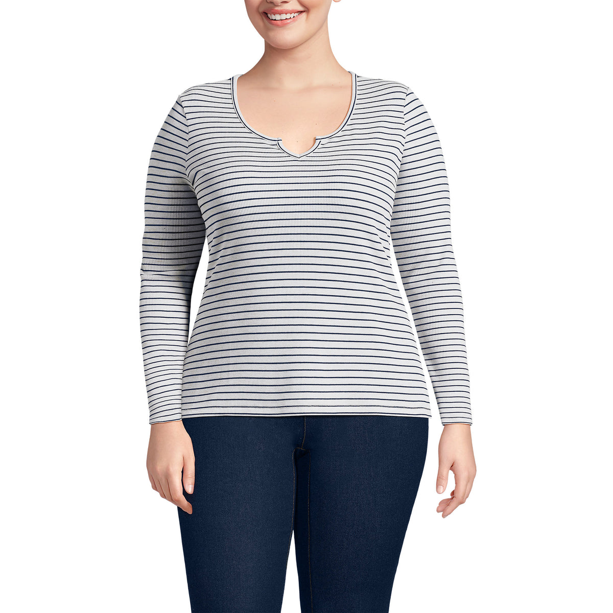Women's Plus Size Lightweight Waffle Long Sleeve Notch Neck T-Shirt