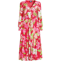 Women's Crepe Button Front Long Sleeve Midi Dress