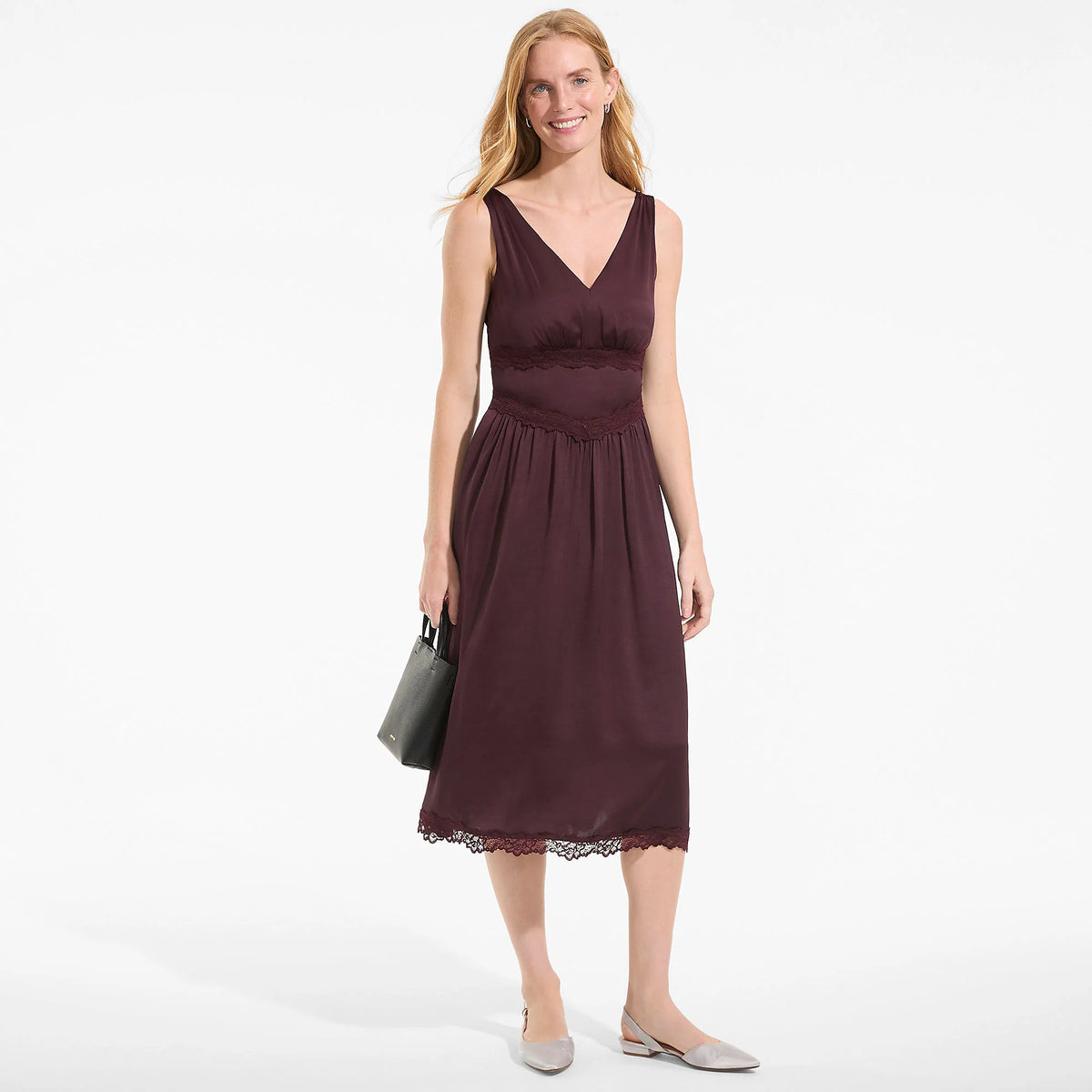 Women's Petite Satin Sleeveless Lace Detail Dress
