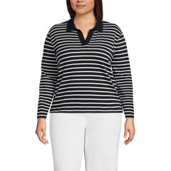 Women's Plus Size Long Sleeve Mariner Johnny Collar Polo