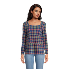 Women's Petite Long Sleeve Light Weight Jersey Square Neck Tiered Top