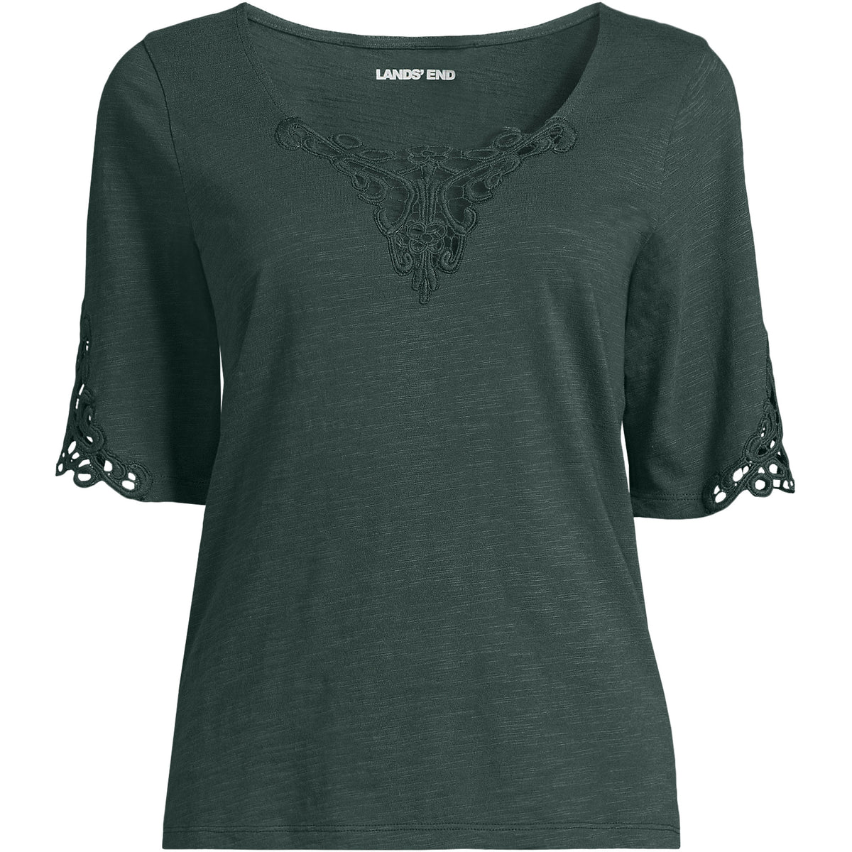 Women's Elbow Sleeve Slub Lace Trim T-Shirt