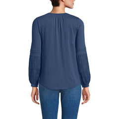 Women's Lightweight Jersey Lace Mix Long Sleeve Pintuck Top