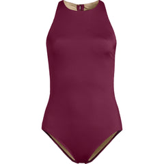 Women's Petite Tugless High Neck Portrait Back One Piece Swimsuit