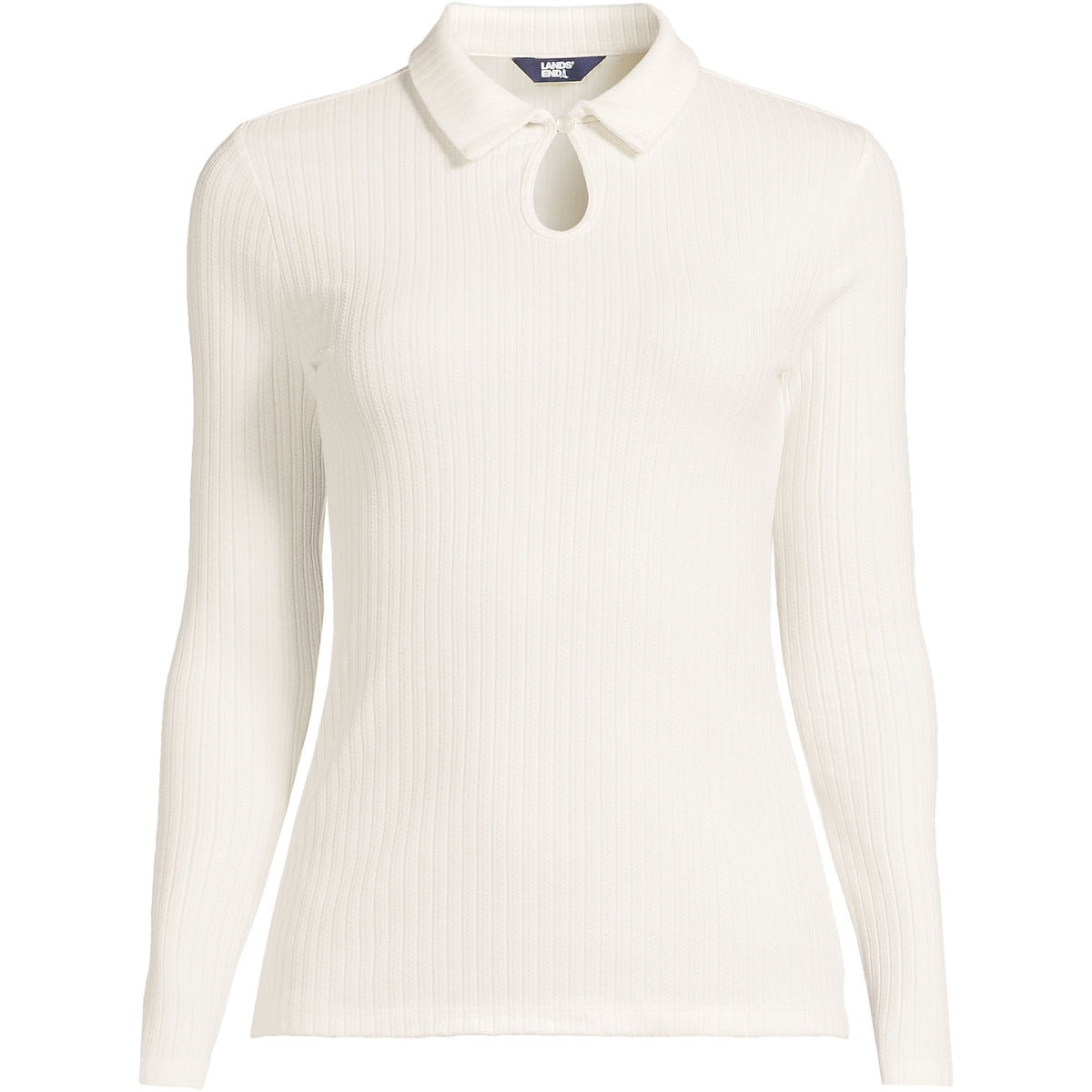 Women's Plus Size Long Sleeve Pointelle Rib Keyhole Polo Top