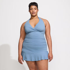 Women's Plus Size Pique Halter Ruffle Hem Mini Swim Dress Swimsuit