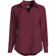 School Uniform Women's Plus Long Sleeve Polo Collar Popover Crepe Blouse