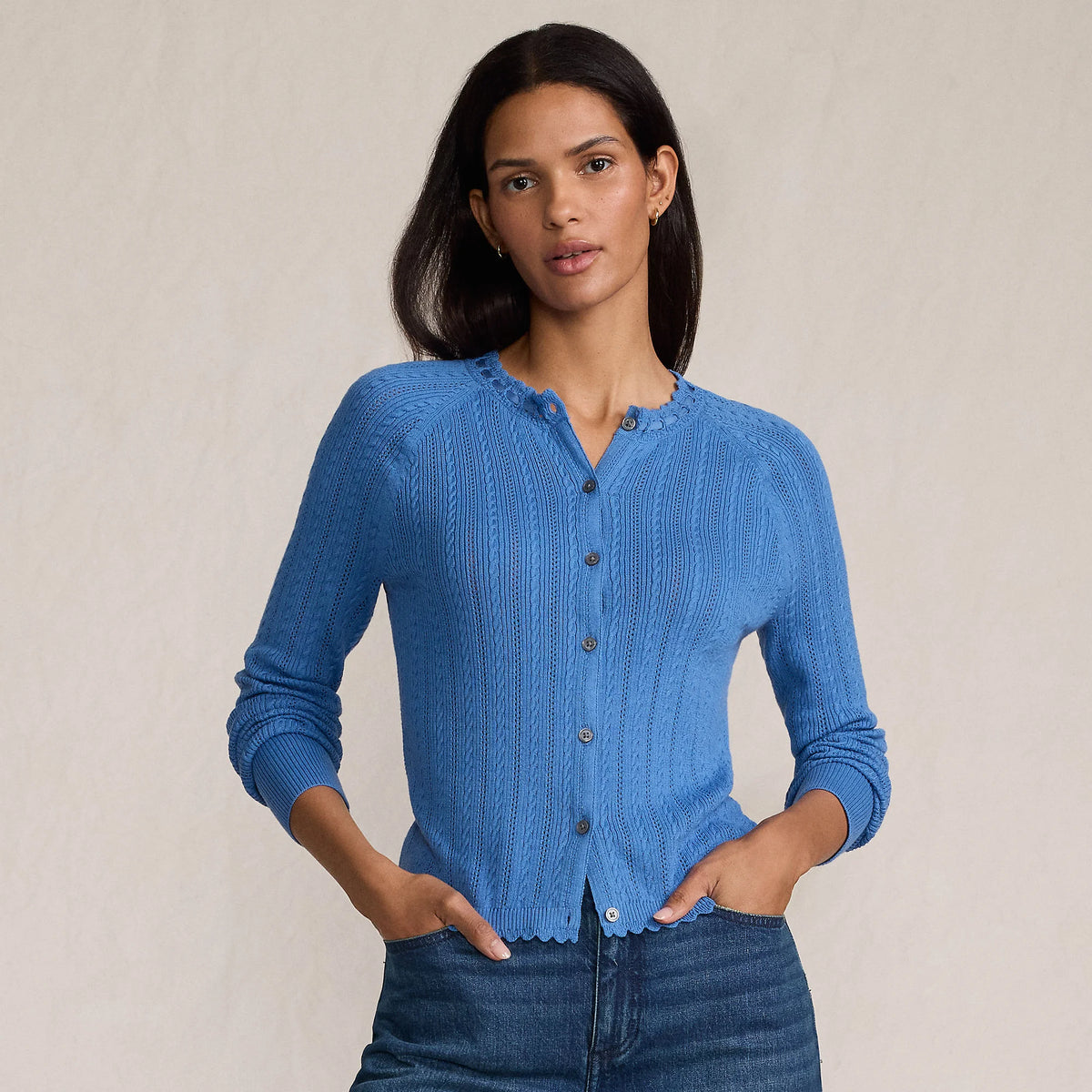 Women's Cotton Pointelle Satin Trim Cardigan Sweater