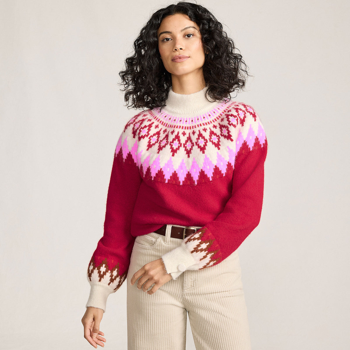Women's Fuzzy Turtleneck Lantern Sleeve Jacquard Sweater