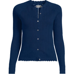 Women's Cotton Pointelle Satin Trim Cardigan Sweater