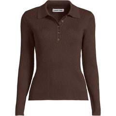 Women's Cotton Ribbed Long Sleeve Polo Sweater