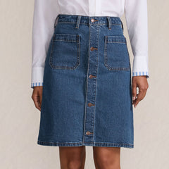 Women's Soft Denim Mid Rise Button Through Above the Knee Skirt