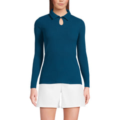 Women's Long Sleeve Pointelle Rib Keyhole Polo Top
