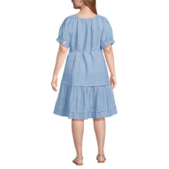 Women's Plus Size Puff Sleeve Pleated Linen Knee Length Dress