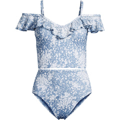 Women's Pique Ruffle Midkini Top and High Waisted Bottom Swimsuit Set