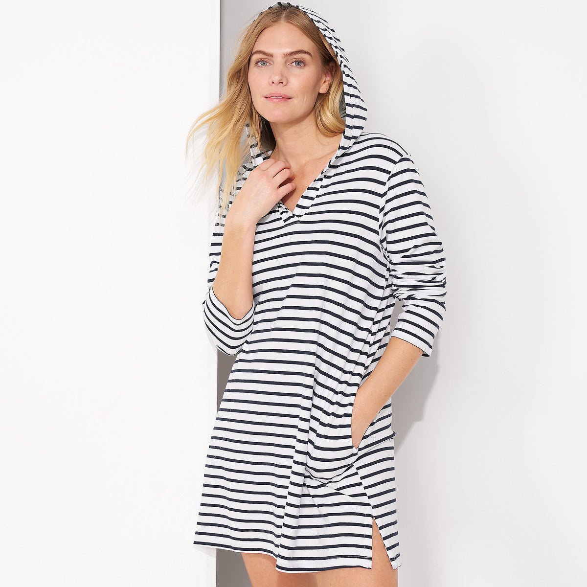 Women's Cotton Jersey Long Sleeve Hooded Swim Cover-up Dress