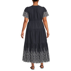 Women's Plus Size Tiered Cotton Poplin Eyelet Maxi Dress