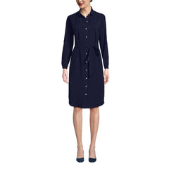 Women's Long Sleeve Twill Below Knee Belted Shirt Dress