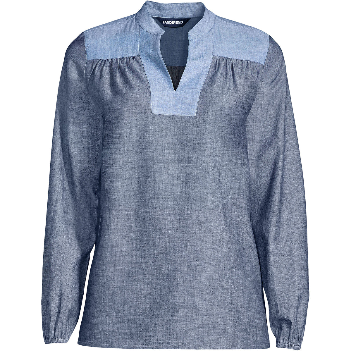 Women's Plus Size Chambray Mix Peasant Top
