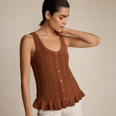 Women's Cotton Boucle Ruffle Hem Sleeveless Sweater