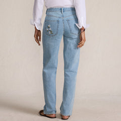 Women's Tall Soft Denim Mid Rise Relaxed Straight Leg Embroidered Jeans