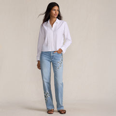 Women's Petite Soft Denim Mid Rise Relaxed Straight Leg Embroidered Jeans
