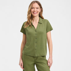 Women's Petite Linen Blend Short Sleeve Button Front Polo Top