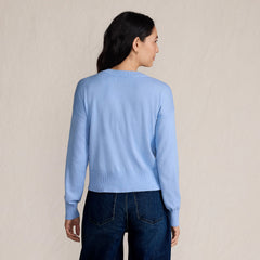 Women's Cropped Placed Jacquard Fine Gauge Crew Neck Cardigan Sweater