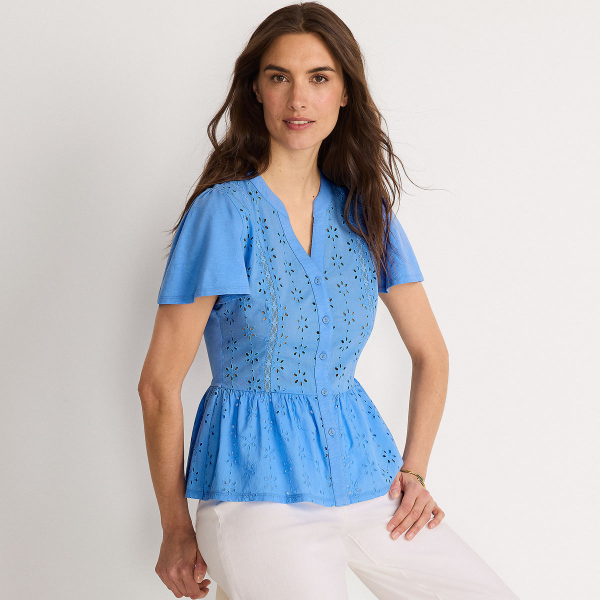 Women's Short Sleeve Mixed Media Eyelet Top