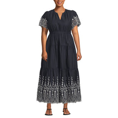 Women's Plus Size Tiered Cotton Poplin Eyelet Maxi Dress