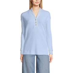 Women's Petite Long Sleeve Waffle Shawl Collar Henley