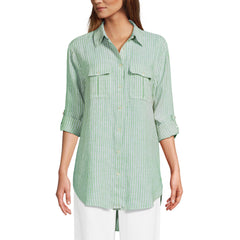 Women's Petite Linen Roll Sleeve Relaxed Tunic Top