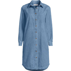 Women's Petite Light Weight Denim Long Sleeve Button Front Shirt Dress