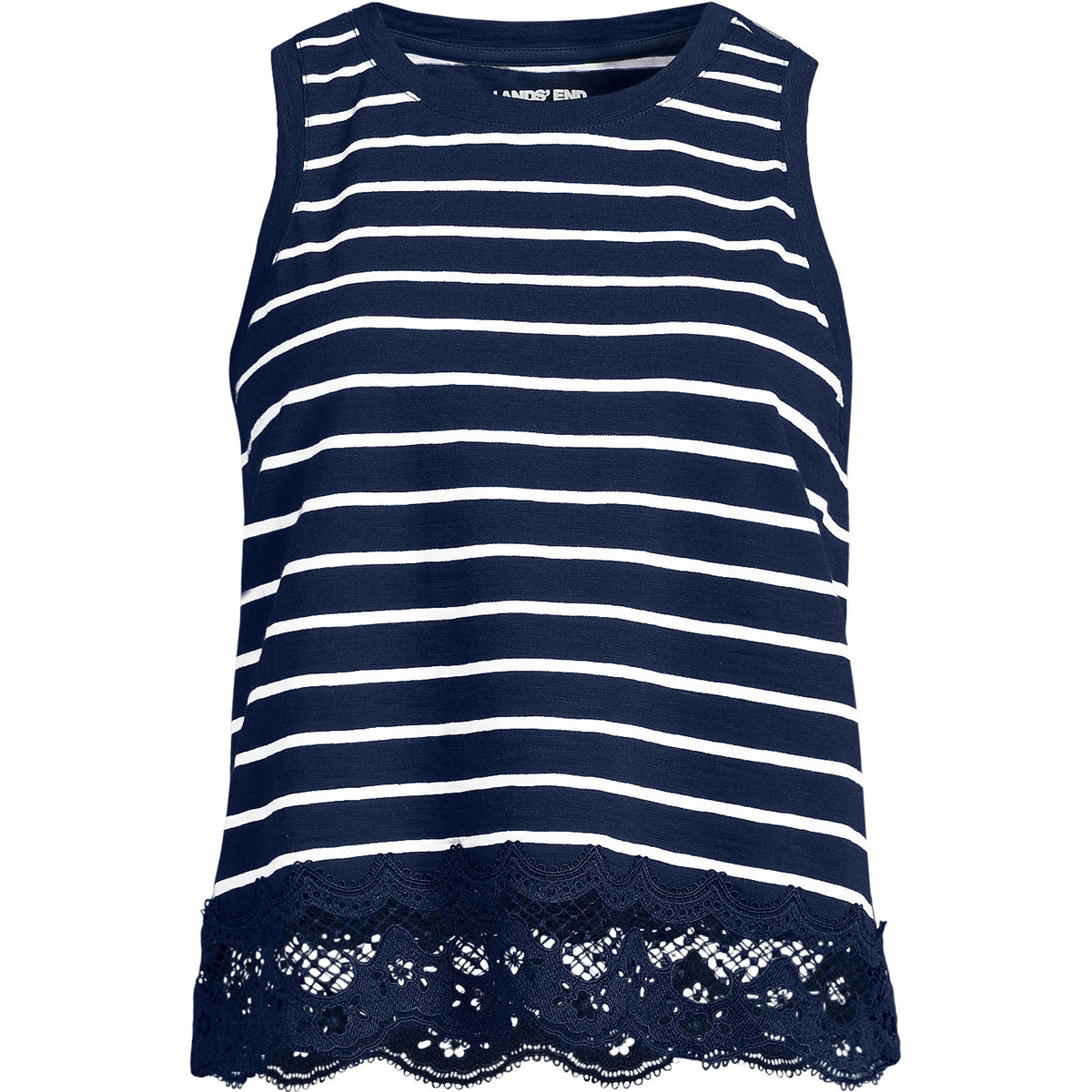 Women's Plus Size Sleeveless Slub Crew Neck Lace Trim Tank Top